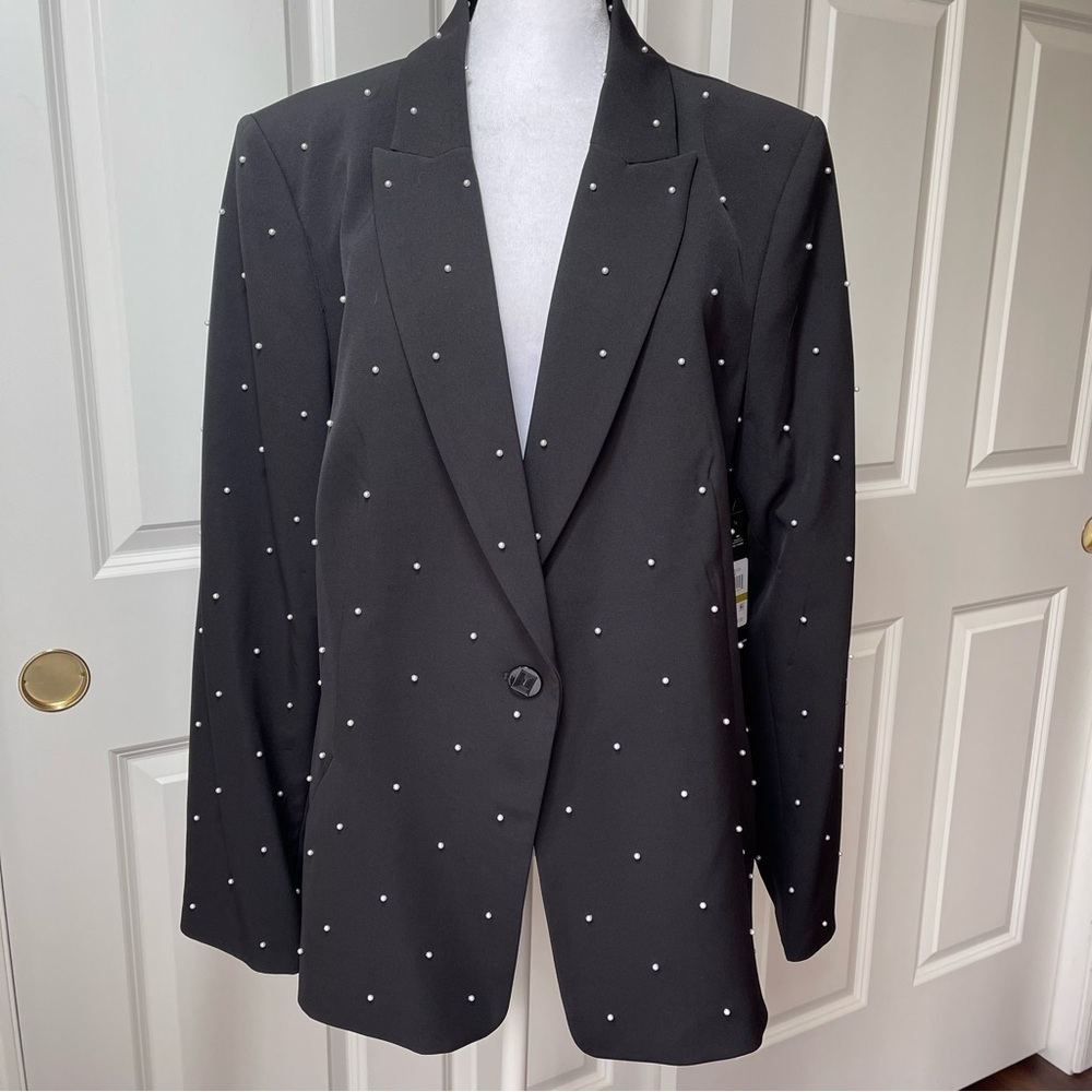NWT Karl Lagerfeld Paris Pearl Embellished Black Blazer Single Button 14 - Picture 2 of 16